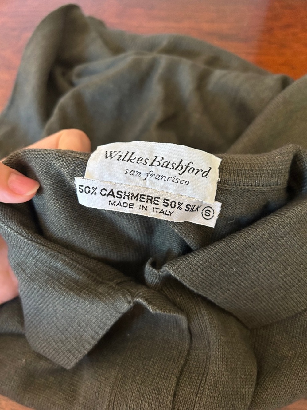 Wilkes Bashford San Francisco Cashmere Silk Polo Cardigan Olive S